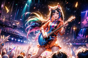 closeup face,1boy,colorful aura,colorful hair,animal head,red tie,colorful  jacket,colorful short skirt,orange shirt,colorful sneakers,wearing a colorful  watch,singing in front of microphone,play electric guitar,animals background,fireflies,shining point,concert,colorful stage lighting