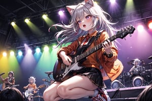 solo,closeup face,animal girl,colorful aura,colorful hair,long hair,animal head,red tie,colorful  jacket,colorful short skirt,orange shirt,colorful sneakers,wearing a colorful  watch,singing in front of microphone,play electric guitar,animals background,fireflies,shining point,concert,colorful stage lighting,no people