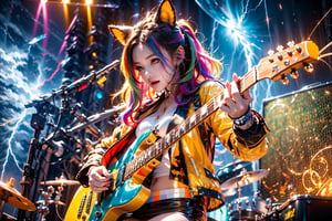 solo,closeup face,animal girl,colorful aura,colorful hair,animal head,colorful  tie,colorful jacket,colorful short skirt,orange shirt,colorful sneakers,wearing a colorful watch,singing in front of microphone,play electric guitar,animals background,fireflies,shining point,concert,colorful stage lighting,no people,Lightning