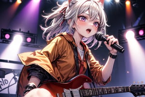 solo,closeup face,animal girl,colorful aura,colorful hair,long hair,animal head,red tie,colorful  jacket,colorful short skirt,orange shirt,colorful sneakers,wearing a colorful  watch,singing in front of microphone,play electric guitar,animals background,fireflies,shining point,concert,colorful stage lighting,no people