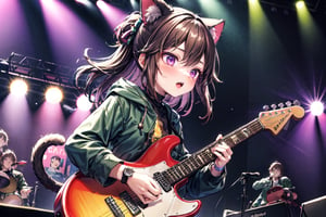 solo,closeup face,cat girl,cat tail,colorful aura,brown hair,long hair,colorful tie,green jacket,colorful short skirt,colorful shirt,colorful sneakers,wearing a colorful watch,singing in front of microphone,play electric guitar,animals background,fireflies,shining point,concert,colorful stage lighting,no people