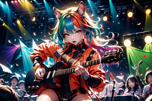 solo,closeup face,animal girl,colorful aura,colorful hair,animal head,red tie,colorful  jacket,colorful short skirt,orange shirt,colorful sneakers,wearing a colorful  watch,singing in front of microphone,play electric guitar,animals background,fireflies,shining point,concert,colorful stage lighting,no people