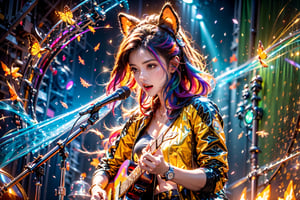 solo,closeup face,animal girl,colorful aura,colorful hair,animal head,colorful  tie,colorful jacket,colorful short skirt,orange shirt,colorful sneakers,wearing a colorful watch,singing in front of microphone,play electric guitar,animals background,fireflies,shining point,concert,colorful stage lighting,no people