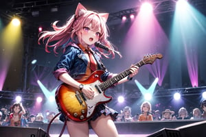 solo,closeup face,cat girl,cat tail,colorful aura,pink hair,long hair,animal head,red tie,blue jacket,colorful short skirt,orange shirt,colorful sneakers,wearing a colorful  watch,singing in front of microphone,play electric guitar,animals background,fireflies,shining point,concert,colorful stage lighting,no people