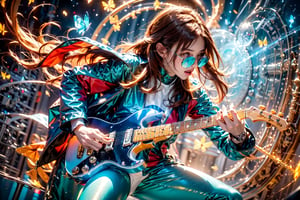 closeup face,1boy,blue glowing aura,thick hair,orange hair,brown hair,gold frame sunglasses,red tie,red jacket,teal shorts,White shirt,a gold edge pocket on left side pants,white sneakers,right hand wearing a white square watch,white sneakers,singing in front of microphone,play electric guitar,universe background,cyan beam,fireflies,shining point,concert,colorful stage lighting,no people,Butterfly