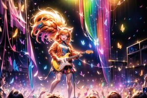 solo,closeup face,animal girl,colorful aura,orange hair,animal head,red tie,colorful  jacket,colorful short skirt,orange shirt,colorful sneakers,wearing a colorful  watch,singing in front of microphone,play electric guitar,animals background,fireflies,shining point,concert,colorful stage lighting,no people