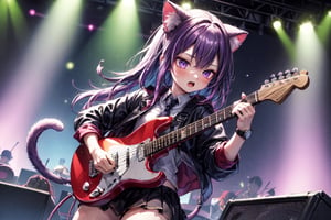 solo,closeup face,cat girl,cat tail,colorful aura,purple hair,long hair,colorful tie,colorful jacket,colorful short skirt,colorful shirt,colorful sneakers,wearing a colorful  watch,singing in front of microphone,play electric guitar,animals background,fireflies,shining point,concert,colorful stage lighting,no people