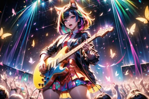 closeup face,animal boy,colorful aura,colorful hair,animal head,red tie,colorful  jacket,colorful short skirt,orange shirt,colorful sneakers,wearing a colorful  watch,singing in front of microphone,play electric guitar,animals background,fireflies,shining point,concert,colorful stage lighting