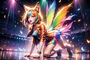 solo,closeup face,animal girl,colorful aura,golden hair,animal head,red tie,colorful  jacket,colorful short skirt,orange shirt,colorful sneakers,wearing a colorful  watch,singing in front of microphone,play electric guitar,animals background,fireflies,shining point,concert,colorful stage lighting,no people