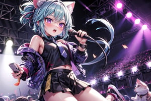 solo,closeup face,cat girl,cat tail,colorful aura,blue hair,short hair,colorful tie,colorful jacket,colorful short skirt,colorful shirt,colorful sneakers,wearing a colorful  watch,singing in front of microphone,play electric guitar,animals background,fireflies,shining point,concert,colorful stage lighting,no people