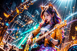 solo,closeup face,animal girl,colorful aura,colorful hair,animal head,colorful  tie,colorful jacket,colorful short skirt,orange shirt,colorful sneakers,wearing a colorful watch,singing in front of microphone,play electric guitar,animals background,fireflies,shining point,concert,colorful stage lighting,no people