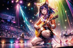 solo,closeup face,animal girl,colorful aura,purple hair,animal head,red tie,colorful  jacket,colorful short skirt,orange shirt,colorful sneakers,wearing a colorful  watch,singing in front of microphone,play electric guitar,animals background,fireflies,shining point,concert,colorful stage lighting,no people
