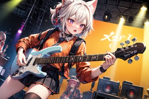 solo,closeup face,animal girl,colorful aura,colorful hair,animal head,red tie,colorful  jacket,colorful short skirt,orange shirt,colorful sneakers,wearing a colorful  watch,singing in front of microphone,play electric guitar,animals background,fireflies,shining point,concert,colorful stage lighting,no people