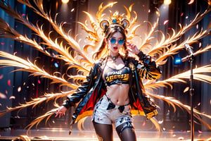 solo,zebra girl,closeup face,zebra head,play electric guitar,singing in front of microphone,
golden wings,hungry pose,zebra sunglasses,zebra  pantyhose,zebra  jacket,zebra shirt,zebra shorts,zebra  sneakers,zebra underwear,panda aura,5_figner,shining point,concert,colorful stage lighting,animals background,no people