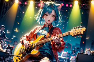 solo,closeup face,cat girl,colorful aura,blue hair,animal head,red tie,colorful  jacket,colorful short skirt,orange shirt,colorful sneakers,wearing a colorful  watch,singing in front of microphone,play electric guitar,animals background,fireflies,shining point,concert,colorful stage lighting,no people