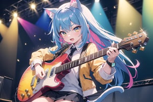 solo,closeup face,cat girl,cat tail,colorful aura,colorful hair,long hair,double hair  tail,colorful tie,colorful jacket,colorful short skirt,colorful shirt,colorful sneakers,wearing a colorful watch,singing in front of microphone,play electric guitar,animals background,fireflies,shining point,concert,colorful stage lighting,no people