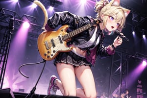 solo,closeup face,cat girl,cat tail,colorful aura,golden hair,short hair,colorful tie,colorful jacket,colorful short skirt,colorful shirt,colorful sneakers,wearing a colorful  watch,singing in front of microphone,play electric guitar,animals background,fireflies,shining point,concert,colorful stage lighting,no people