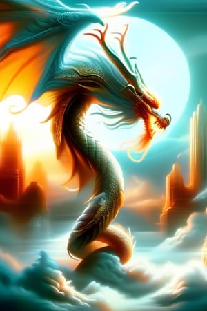 wings, horns, english text, no humans, dragon, retro artstyle, 1990s \(style\), pillar, orange theme