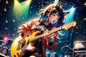 solo,closeup face,animal girl,colorful aura,colorful hair,animal head,red tie,colorful  jacket,colorful short skirt,orange shirt,colorful sneakers,wearing a colorful  watch,singing in front of microphone,play electric guitar,animals background,fireflies,shining point,concert,colorful stage lighting,no people