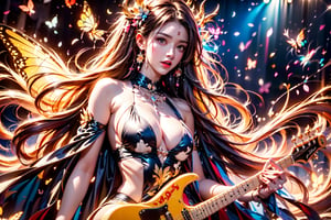 solo,cow girl,closeup face,cow head,holding electric guitar,singing in front of microphone,
cow wings,hungry pose,milk pantyhose,cow jacket,cow shirt,zebra shorts,cow underwear,milk aura,shining point,concert,colorful stage lighting,milk background,no people,Butterfly,electric guitar,rock music