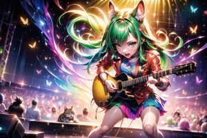 solo,closeup face,animal girl,colorful aura,green hair,animal head,red tie,colorful  jacket,colorful short skirt,orange shirt,colorful sneakers,wearing a colorful  watch,singing in front of microphone,play electric guitar,animals background,fireflies,shining point,concert,colorful stage lighting,no people