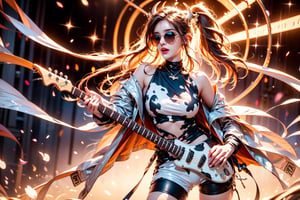 solo,cow girl,closeup face,cow head,play electric guitar,singing in front of microphone,
milk wings,hungry pose,milk sunglasses,milk pantyhose,zebra jacket,cow shirt,zebra  shorts,milk sneakers,cow underwear,milk aura,5_figner,shining point,concert,colorful stage lighting,milk background,no people