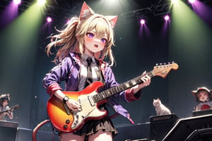 solo,closeup face,cat girl,cat tail,colorful aura,golden hair,long hair,double tail,colorful tie,colorful jacket,colorful short skirt,colorful shirt,colorful sneakers,wearing a colorful  watch,singing in front of microphone,play electric guitar,animals background,fireflies,shining point,concert,colorful stage lighting,no people