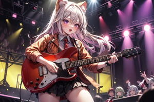 solo,closeup face,animal girl,colorful aura,colorful hair,long hair,animal head,red tie,colorful  jacket,colorful short skirt,orange shirt,colorful sneakers,wearing a colorful  watch,singing in front of microphone,play electric guitar,animals background,fireflies,shining point,concert,colorful stage lighting,no people