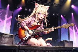 solo,closeup face,cat girl,cat tail,colorful aura,golden hair,long hair,animal head,red tie,pink jacket,colorful short skirt,orange shirt,colorful sneakers,wearing a colorful  watch,singing in front of microphone,play electric guitar,animals background,fireflies,shining point,concert,colorful stage lighting,no people