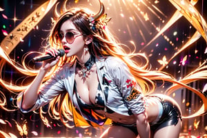 solo,cow girl,closeup face,cow head,play electric guitar,singing in front of microphone,
cow wings,hungry pose,sunglasses,milk pantyhose,cow jacket,cow shirt,zebra shorts,cow underwear,milk aura,5_figner,shining point,concert,colorful stage lighting,milk background,no people,Butterfly