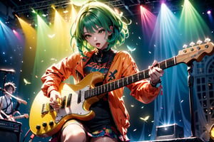 solo,closeup face,cat girl,colorful aura,green hair,blue head,red tie,colorful  jacket,colorful short skirt,orange shirt,colorful sneakers,wearing a colorful  watch,singing in front of microphone,play electric guitar,animals background,fireflies,shining point,concert,colorful stage lighting,no people