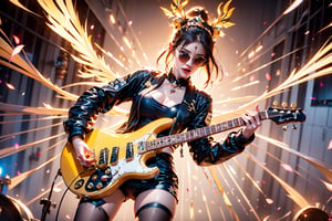 solo,zebra girl,closeup face,zebra head,play electric guitar,singing in front of microphone,
golden wings,hungry pose,zebra sunglasses,zebra  pantyhose,zebra  jacket,zebra shirt,zebra shorts,zebra  sneakers,zebra underwear,panda aura,5_figner,shining point,concert,colorful stage lighting,animals background,no people