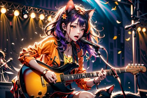 solo,closeup face,cat girl,colorful aura,purple hair,long hair,animal head,red tie,colorful  jacket,colorful short skirt,orange shirt,colorful sneakers,wearing a colorful  watch,singing in front of microphone,play electric guitar,animals background,fireflies,shining point,concert,colorful stage lighting,no people