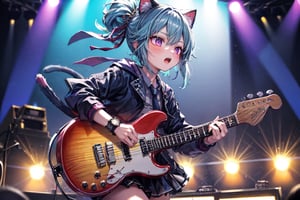 solo,closeup face,cat girl,cat tail,colorful aura,blue hair,short hair,colorful tie,colorful jacket,colorful short skirt,colorful shirt,colorful sneakers,wearing a colorful  watch,singing in front of microphone,play electric guitar,animals background,fireflies,shining point,concert,colorful stage lighting,no people