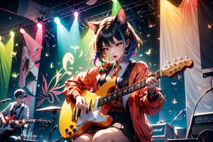 solo,closeup face,cat girl,colorful aura,colorful hair,animal head,red tie,colorful  jacket,colorful short skirt,orange shirt,colorful sneakers,wearing a colorful  watch,singing in front of microphone,play electric guitar,animals background,fireflies,shining point,concert,colorful stage lighting,no people