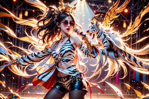 solo,zebra girl,closeup face,zebra head,play electric guitar,singing in front of microphone,
golden wings,hungry pose,zebra sunglasses,zebra  pantyhose,zebra  jacket,zebra shirt,zebra shorts,zebra  sneakers,zebra underwear,panda aura,5_figner,shining point,concert,colorful stage lighting,animals background,no people