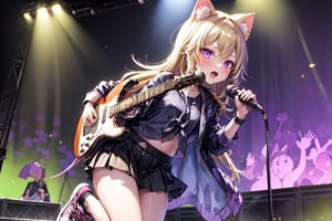 solo,closeup face,cat girl,cat tail,colorful aura,golden hair,long hair,animal head,colorful tie,colorful jacket,colorful short skirt,colorful shirt,colorful sneakers,wearing a colorful  watch,singing in front of microphone,play electric guitar,animals background,fireflies,shining point,concert,colorful stage lighting,no people