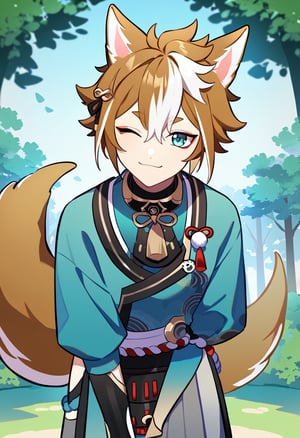 1boy, male focus, gorou, Genshin Impact, blue eyes, brown hair, white hair, multicolor hair, streaked hair, bangs, hair between eyes, animal ears ,dog ears ,dog boy, tail, dog tail, one eye closed, smile, leaning  forward, park, flowers, trees, cowboy shot, source anime, score_9_up, score_8_up, score_7_up, best quality, amazing quality, best aesthetic, absurdres, year 2023,