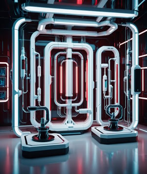 3D rendering of futuristic laboratory technology with red light,  Light red and white, simple composition, colorful, rectangular, modernistic