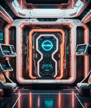 Retrowave backdrop, inside spaceship, industrial, in the style of octane render, neon-infused digitalism, dark white and light orange, ue5, tagging-like marks, industrial design, analog