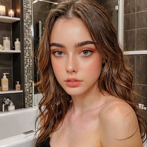 Full realistic photo of a stylish young woman with large, captivating eyes, thick eyebrows, a strong jawline, high cheekbones, and a natural complexion. Her hair is in loose waves. slim boned, long limbed, lithe and with very little body fat and little muscle .Highlighting her as a modern, approachable virtual influencer
Bathing in bathroom in bathtub 