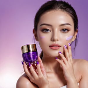 best quality, 8K, highres, masterpiece), ultra-detailed, lifestyle photography capturing a model holding a luxury skincare cosmetic product for an e-commerce thumbnail or product detail page. The model, with a radiant and healthy complexion, embodies elegance and confidence. They are holding the skincare product of purple color gracefully in their hands, positioning it to highlight its sophisticated design and the brand's logo prominently. The product itself has a sleek, modern look with metallic accents, and the model's interaction with it suggests its importance and effectiveness in a beauty routine. The background is minimalist and clean, ensuring the focus remains on the model and the skincare product. This setting not only showcases the product but also connects it with the lifestyle it promotes, inviting viewers to envision the luxury and quality of the skincare experience. The image is crafted to engage and inspire, emphasizing the product's appeal through the model's presentation and the subtle yet impactful visual storytelling.

