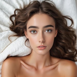 A realistic photo of a stylish young woman with large, captivating eyes, thick eyebrows, a strong jawline, high cheekbones, and a natural complexion. Her hair is in loose waves. slim boned, long limbed, lithe and with very little body fat and little muscle .Highlighting her as a modern 
Hiding her naked body by white blanket