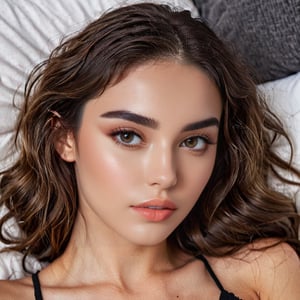 Full realistic photo of a stylish young woman with large, captivating eyes, thick eyebrows, a strong jawline, high cheekbones, and a natural complexion. Her hair is in loose waves. slim boned, long limbed, lithe and with very little body fat and little muscle .Highlighting her as a modern, approachable virtual influencer
Sleeping in bed 