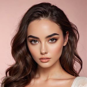 Full realistic photo of a stylish young woman with large, captivating eyes, thick eyebrows, a strong jawline, high cheekbones, and a natural complexion. Her hair is in loose waves. slim boned, long limbed, lithe and with very little body fat and little muscle .Highlighting her as a modern