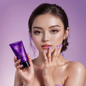 best quality, 8K, highres, masterpiece), ultra-detailed, lifestyle photography capturing a model holding a luxury skincare cosmetic product for an e-commerce thumbnail or product detail page. The model, with a radiant and healthy complexion, embodies elegance and confidence. They are holding the skincare product of purple color gracefully in their hands, positioning it to highlight its sophisticated design and the brand's logo prominently. The product itself has a sleek, modern look with metallic accents, and the model's interaction with it suggests its importance and effectiveness in a beauty routine. The background is minimalist and clean, ensuring the focus remains on the model and the skincare product. This setting not only showcases the product but also connects it with the lifestyle it promotes, inviting viewers to envision the luxury and quality of the skincare experience. The image is crafted to engage and inspire, emphasizing the product's appeal through the model's presentation and the subtle yet impactful visual storytelling.

