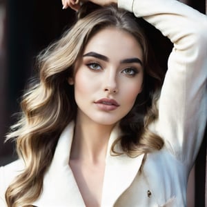 A realistic photo of a stylish young woman with large, captivating eyes, thick eyebrows, a strong jawline, high cheekbones, and a natural complexion. Her hair is in loose waves. slim boned, long limbed, lithe and with very little body fat and little muscle .Highlighting her as a modern