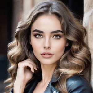 A realistic photo of a stylish young woman with large, captivating eyes, thick eyebrows, a strong jawline, high cheekbones, and a natural complexion. Her hair is in loose waves. slim boned, long limbed, lithe and with very little body fat and little muscle .Highlighting her as a modern