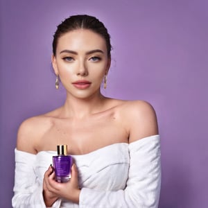 best quality, 8K, highres, masterpiece), ultra-detailed, lifestyle photography capturing a model holding a luxury skincare cosmetic product for an e-commerce thumbnail or product detail page. The model, with a radiant and healthy complexion, embodies elegance and confidence. They are holding the skincare product of purple color gracefully in their hands, positioning it to highlight its sophisticated design and the brand's logo prominently. The product itself has a sleek, modern look with metallic accents, and the model's interaction with it suggests its importance and effectiveness in a beauty routine. The background is minimalist and clean, ensuring the focus remains on the model and the skincare product. This setting not only showcases the product but also connects it with the lifestyle it promotes, inviting viewers to envision the luxury and quality of the skincare experience. The image is crafted to engage and inspire, emphasizing the product's appeal through the model's presentation and the subtle yet impactful visual storytelling.

,ScarlettJohansson,YaelShelbia