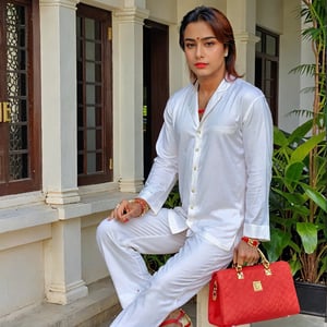 Posing elegantly outside Mukesh Ambani's Antilia House, dressed in a white outfit with red pajamas, sporting a chic half haircut. Adorning my wrists with a silver bracelet, and golden shoes complementing my attire, I hold a stylish bag in my hand